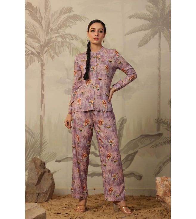 scakhi lavender rayon floral print top with pant co-ord set