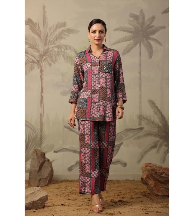 scakhi mauve muslin silk printed top with pant co-ord set