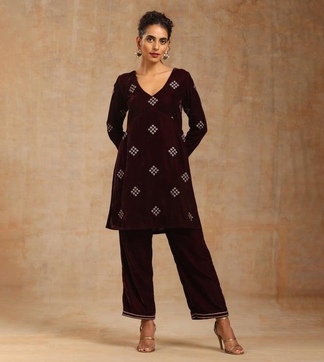 truebrowns wine velvet embroidered kurta with pant co-ord set