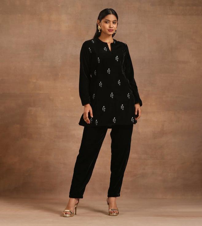 truebrowns black velvet embroidered relaxed tunic with pant co-ord set