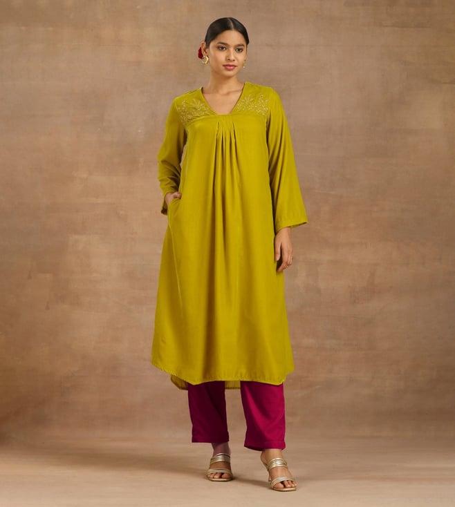 truebrowns lime velvet yoke embroidered kurta