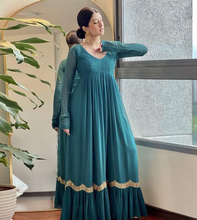 label aishwaryrika teal spotlight elaine chikankari anarkali gown