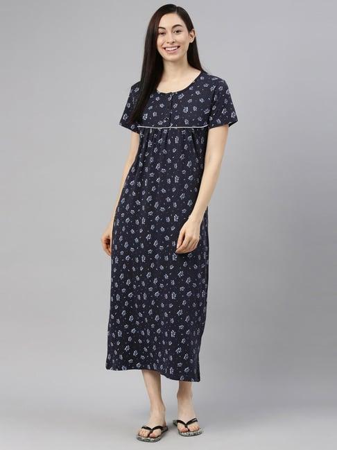 kryptic navy printed pure cotton maxi night dress