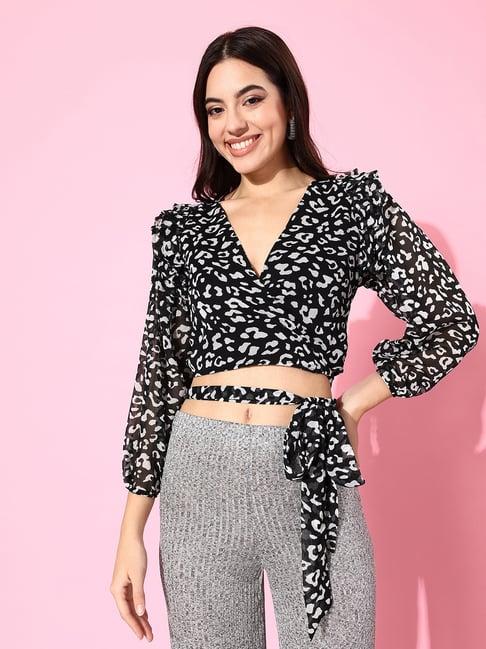 anvi be yourself black animal print crop top