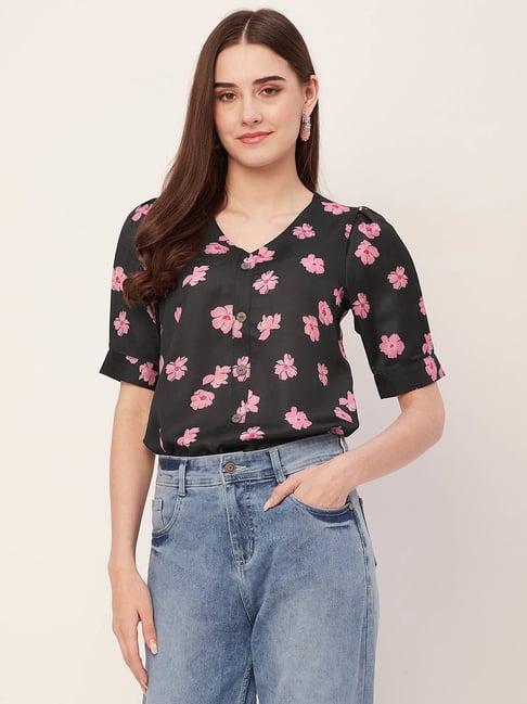 moomaya black & pink floral print top