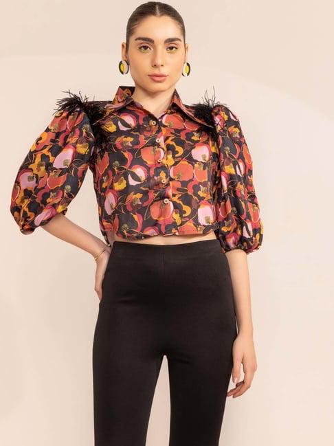 kaori by shreya agarwal black printed cropped shirt