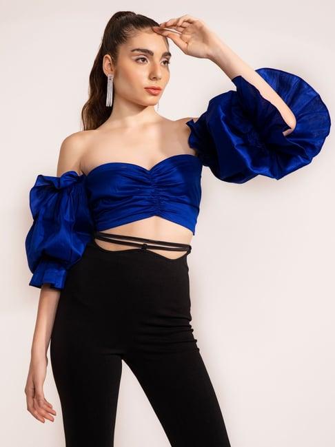 kaori by shreya agarwal blue pleated crop top