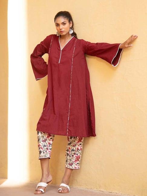 kaori by shreya agarwal maroon & cream cotton kurta pant set