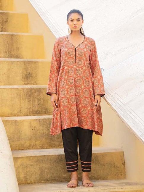 kaori by shreya agarwal rust & black cotton printed kurta pant set