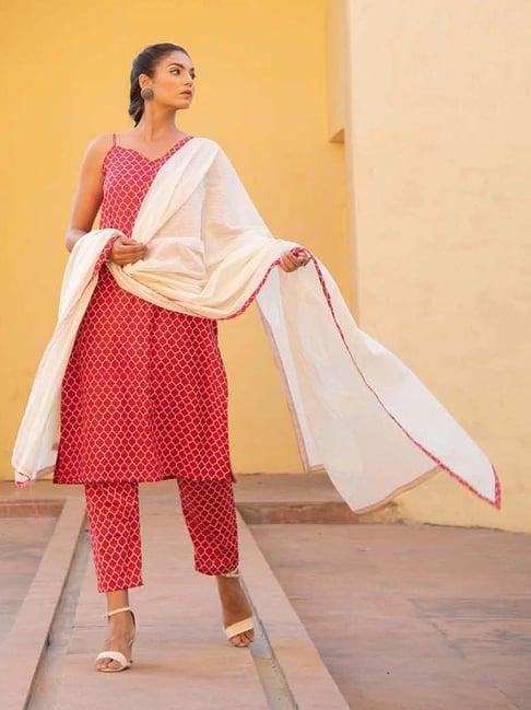 kaori by shreya agarwal red cotton printed kurta pant set with dupatta