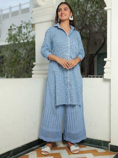 kaori by shreya agarwal blue cotton embroidered kurta palazzo set