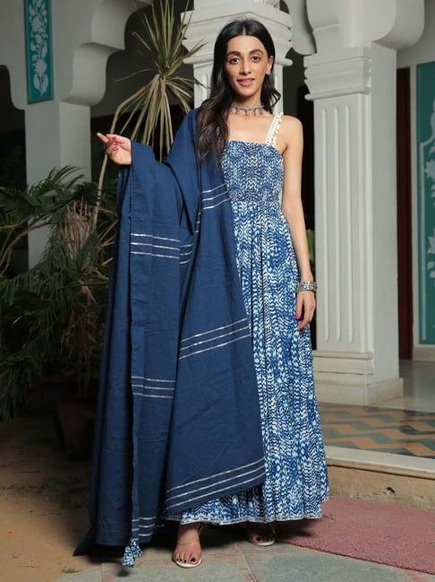 kaori by shreya agarwal blue cotton printed kurta pant set with dupatta