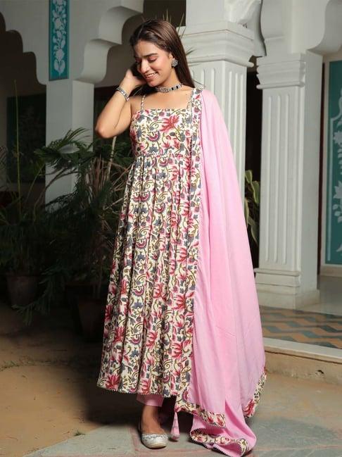 kaori by shreya agarwal cream & pink cotton printed kurta pant set with dupatta