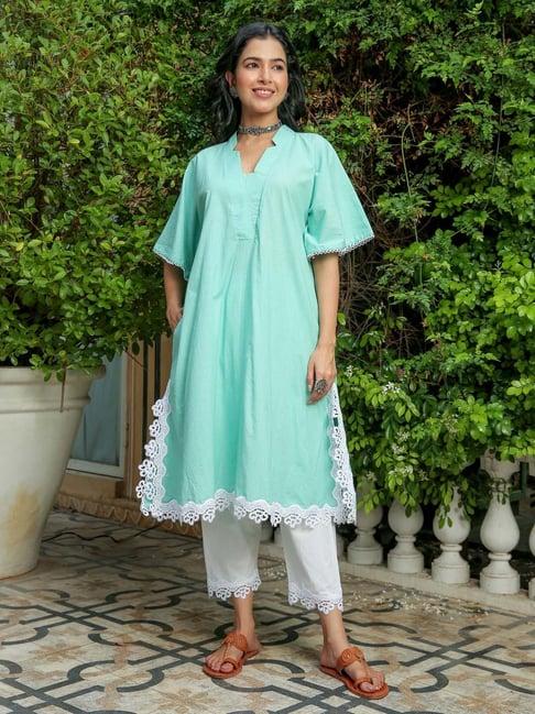 kaori by shreya agarwal green & white cotton kurta pant set