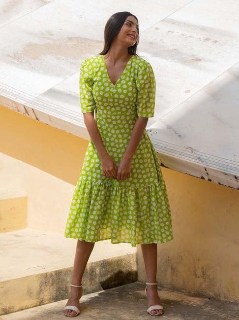 kaori by shreya agarwal green cotton printed a-line dress