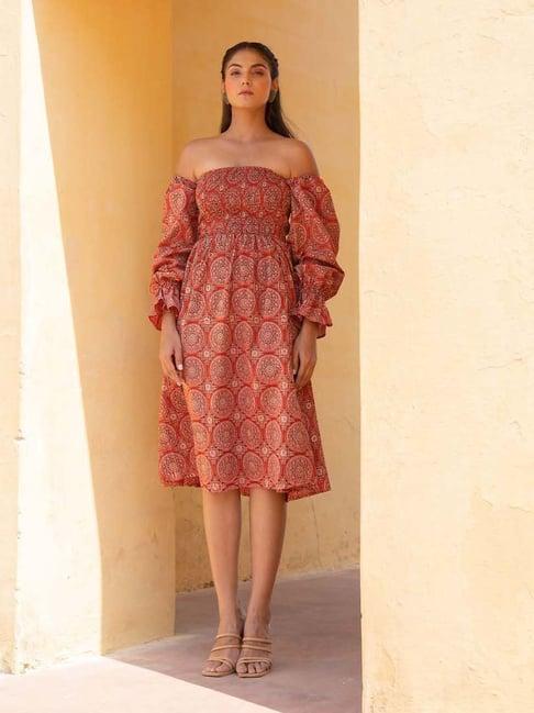 kaori by shreya agarwal rust cotton printed a-line dress