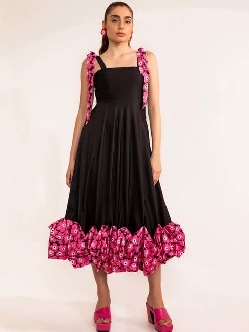 kaori by shreya agarwal black & pink printed a-line dress