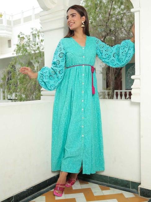 kaori by shreya agarwal blue cotton self pattern maxi dress