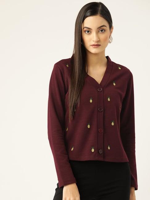 kassually burgundy cotton embroidered cardigan