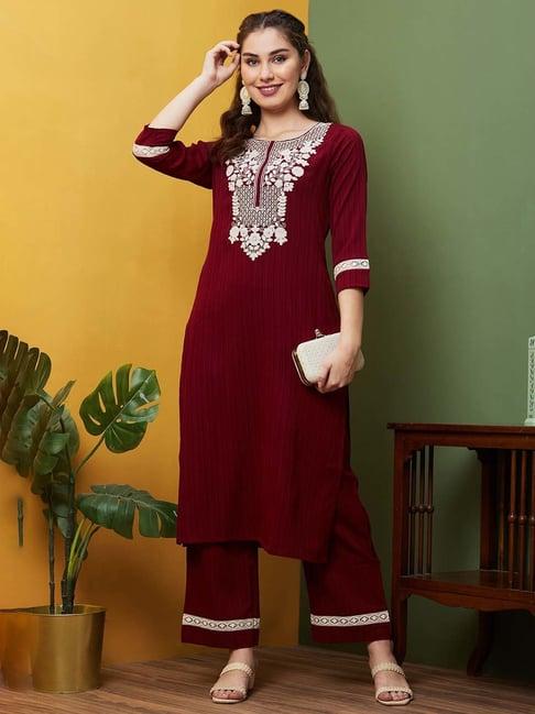 globus maroon embroidered kurta pant set