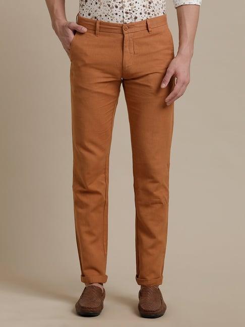 linen club copper brown regular fit linen flat front trousers