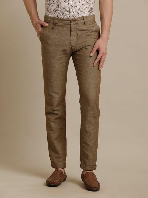 linen club brown regular fit linen flat front trousers