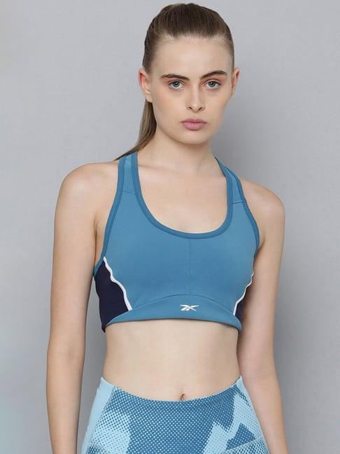 reebok blue logo print sports bra