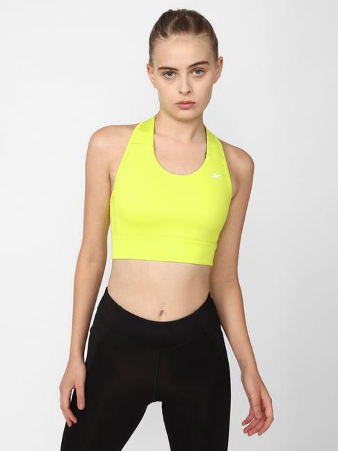 reebok yellow logo print sports bra