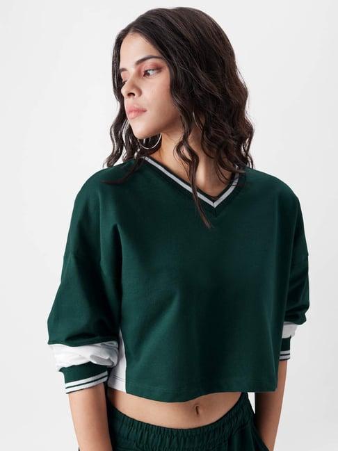 the souled store green cotton color-block crop top