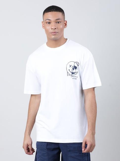 bene kleed white loose fit printed cotton crew t-shirt