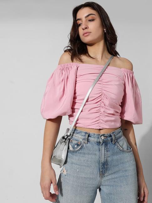 only pink cotton slim fit crop top