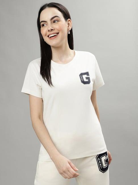 gant cream cotton logo print t-shirt