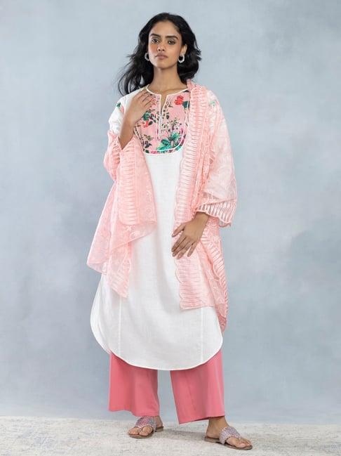 shaye white floral print kurta with palazzos & dupatta