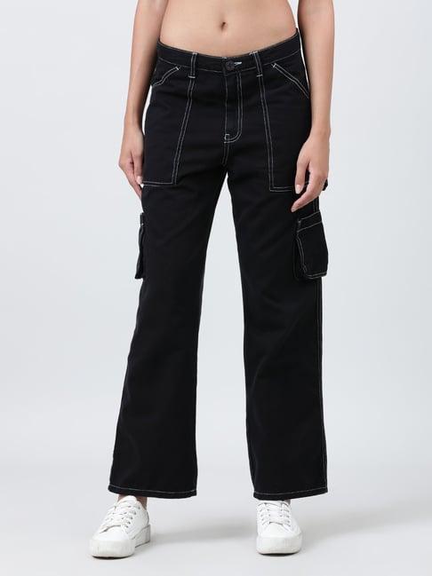 bene kleed black cotton straight fit mid rise cargos