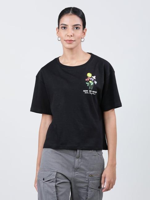 bene kleed black cotton graphic print oversized t-shirt