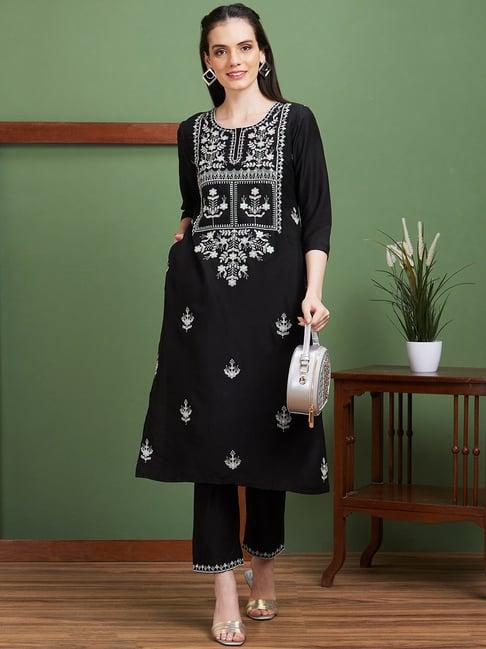 globus black embroidered kurta with pants