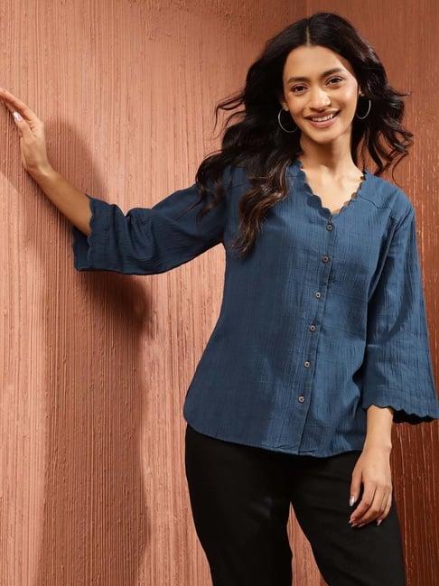 fabindia blue cotton self pattern shirt