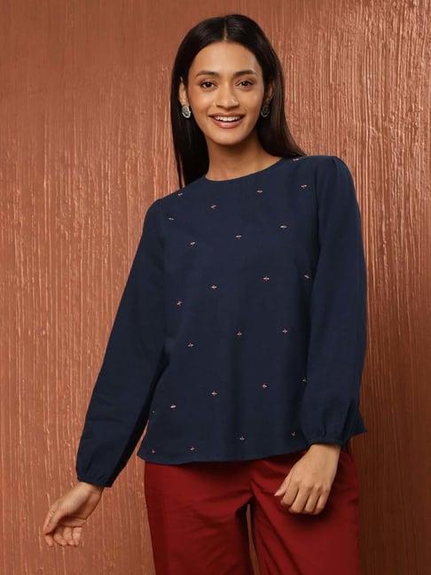 fabindia blue cotton embroidered top