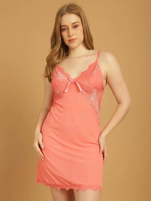 stylee lifestyle peach lace work babydoll with brief