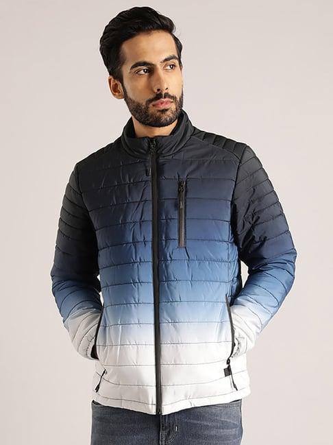 indian terrain blue regular fit ombre print puffer jacket