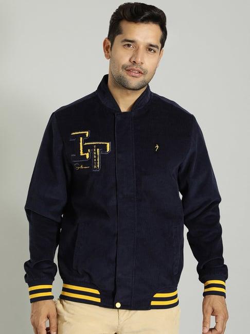 indian terrain navy regular fit embroidered cotton bomber jacket