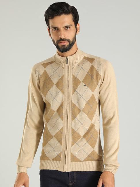 indian terrain beige regular fit argyle print cardigan