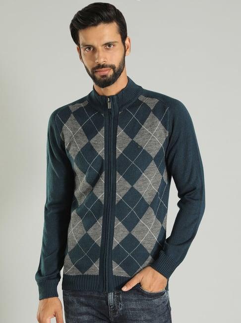 indian terrain navy regular fit argyle print cardigan