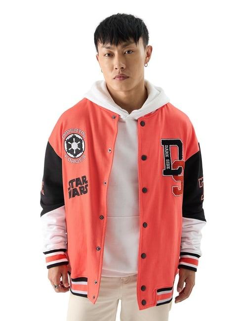 the souled store peach loose fit printed bomber jacket