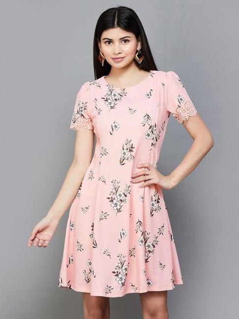 code by lifestyle peach floral print a-line dress