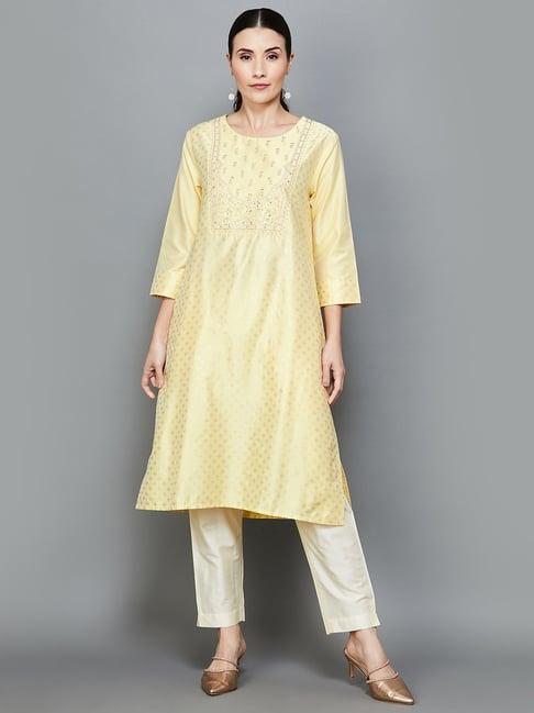 melange by lifestyle yellow embroidered kurta pant set