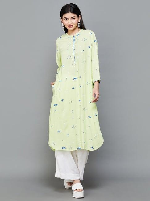 melange by lifestyle lime green printed straight kurta