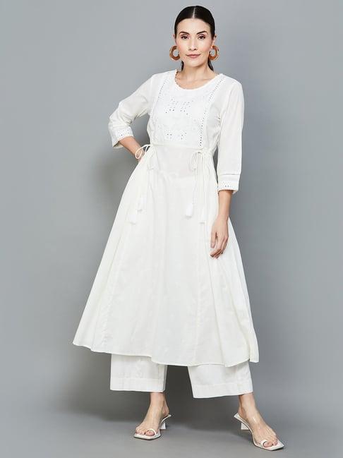 melange by lifestyle off-white cotton embroidered anarkali kurta