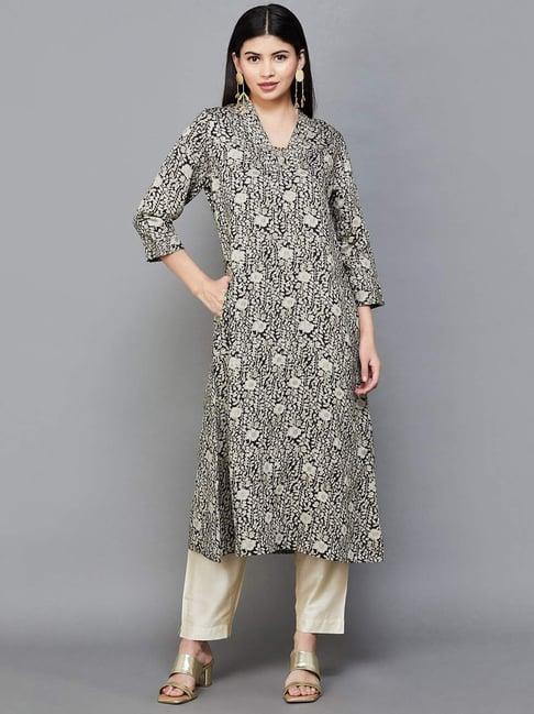 melange by lifestyle black floral print straight kurta