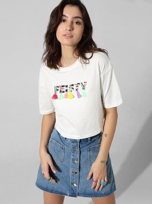 only white cotton embellished crop t-shirt